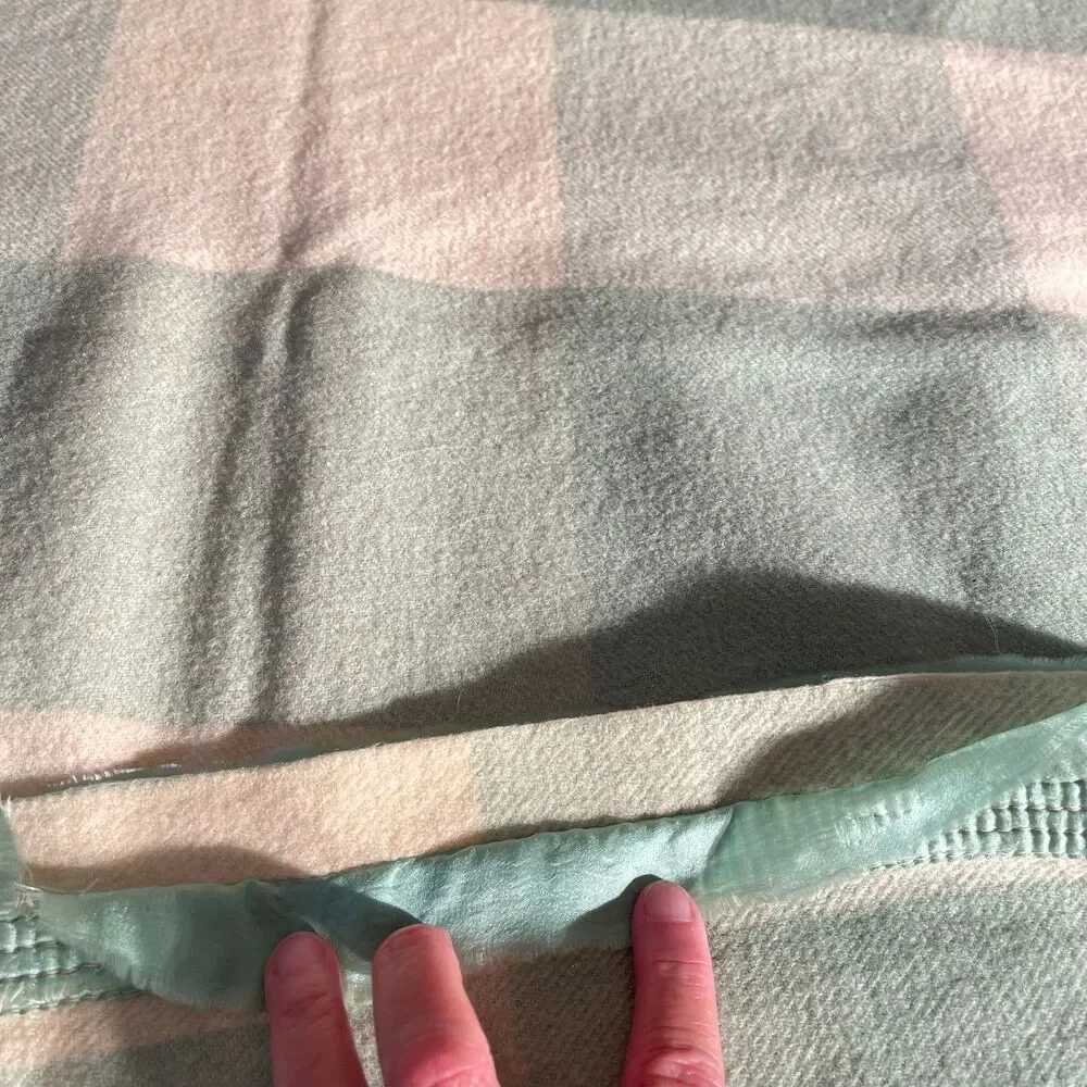 Vintage Light Green & Cream Plaid Wool/Cotton Camp Blanket  - 80